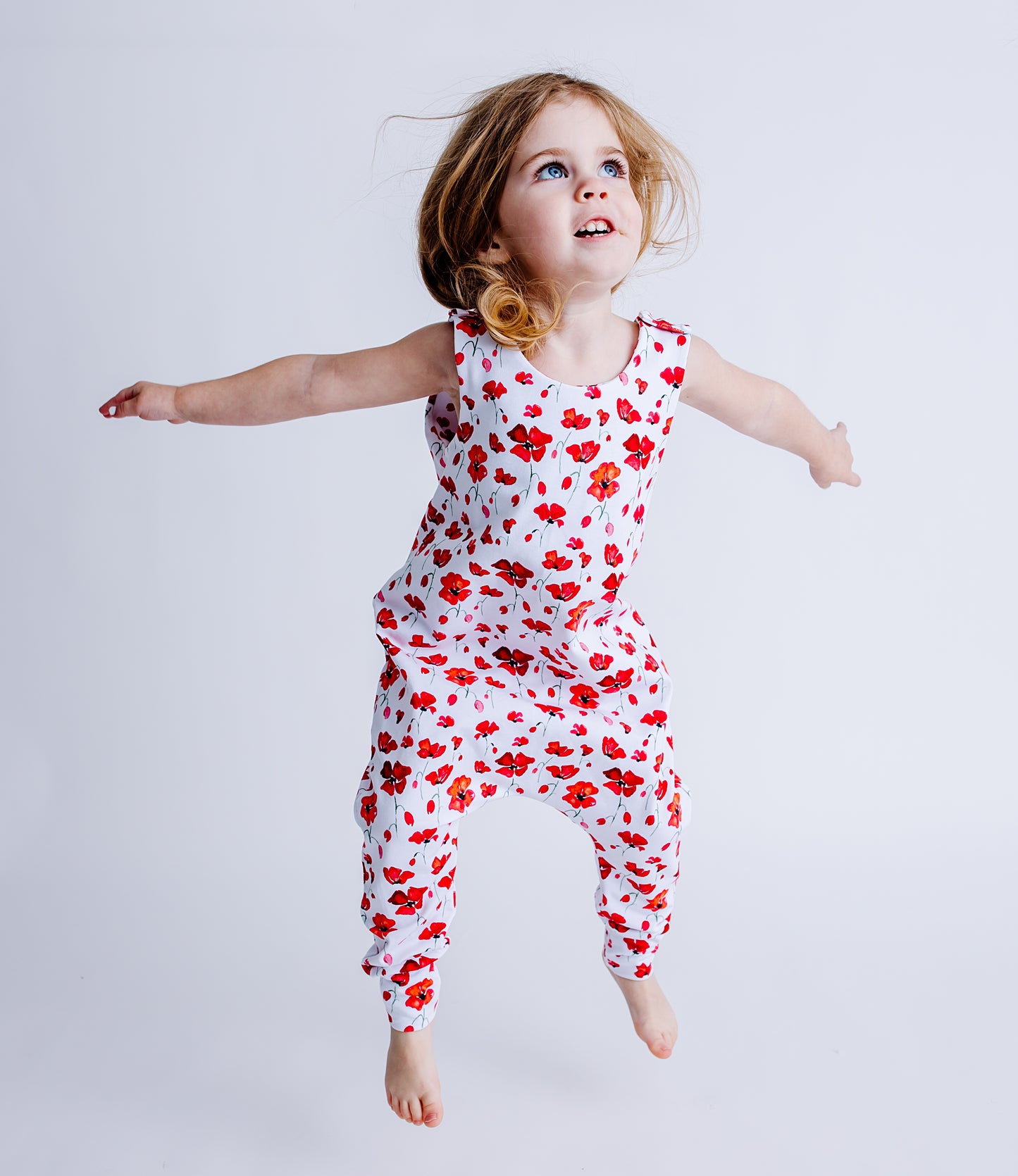 Red poppy flower harem romper