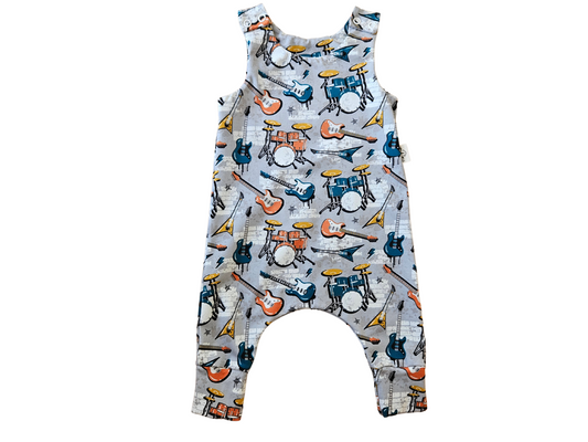 Size 3-6 months READY TO SHIP drums and guitars music themed harem romper