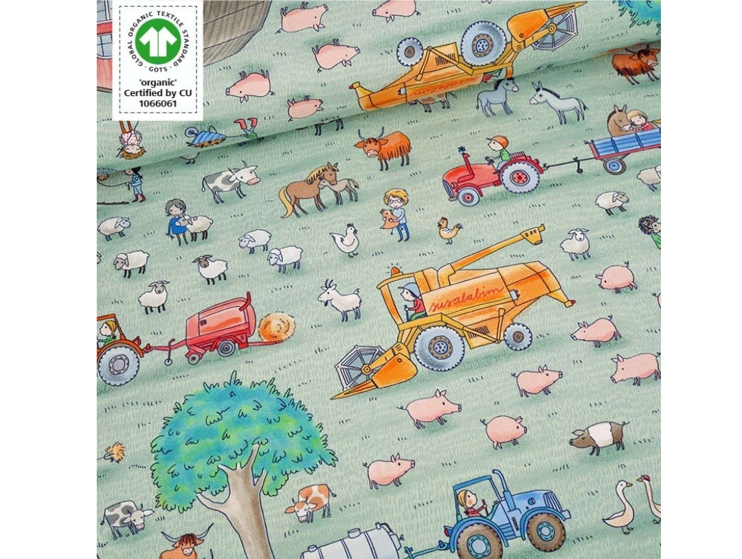 On the farm (green) organic jersey fabric