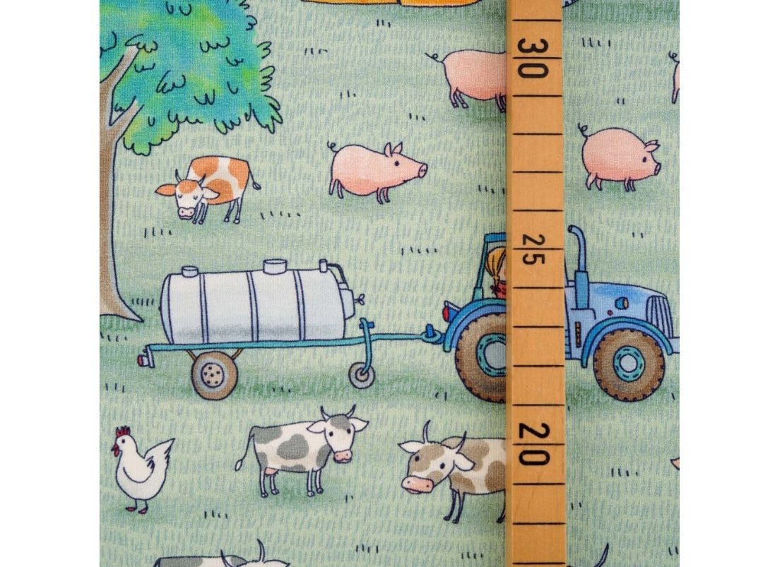 On the farm (green) organic jersey fabric