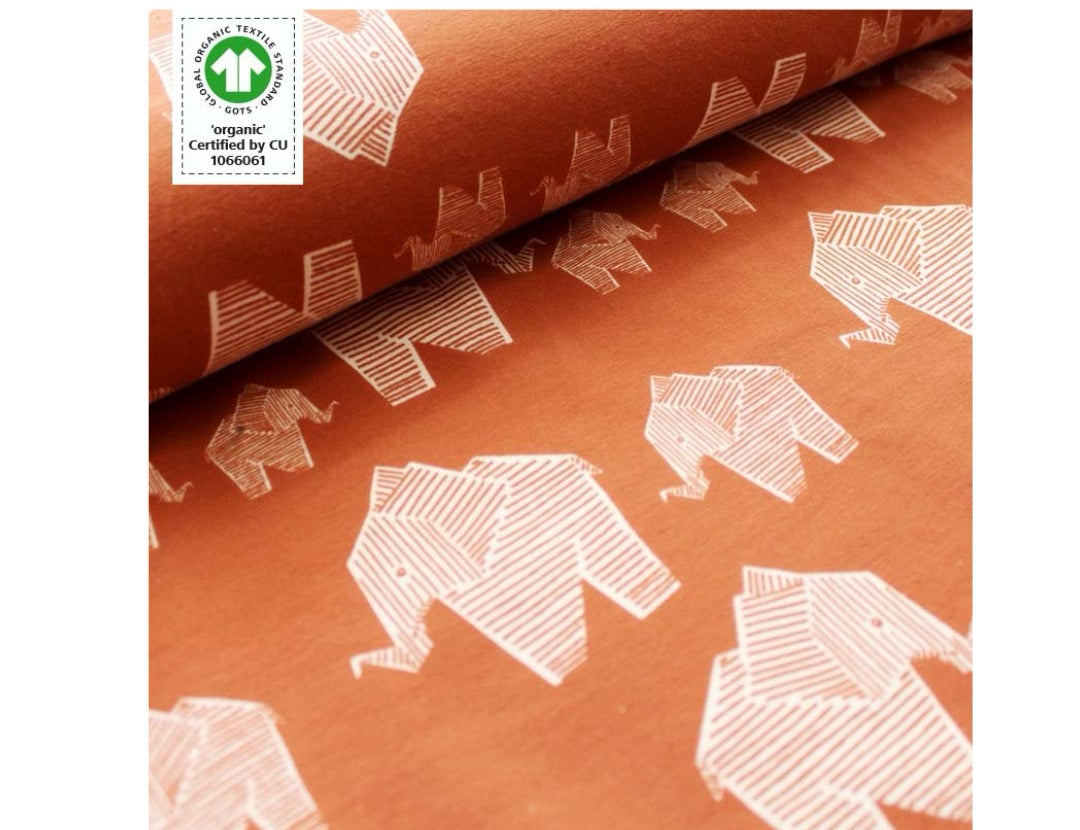 Geometric elephants (caramel) organic jersey fabric