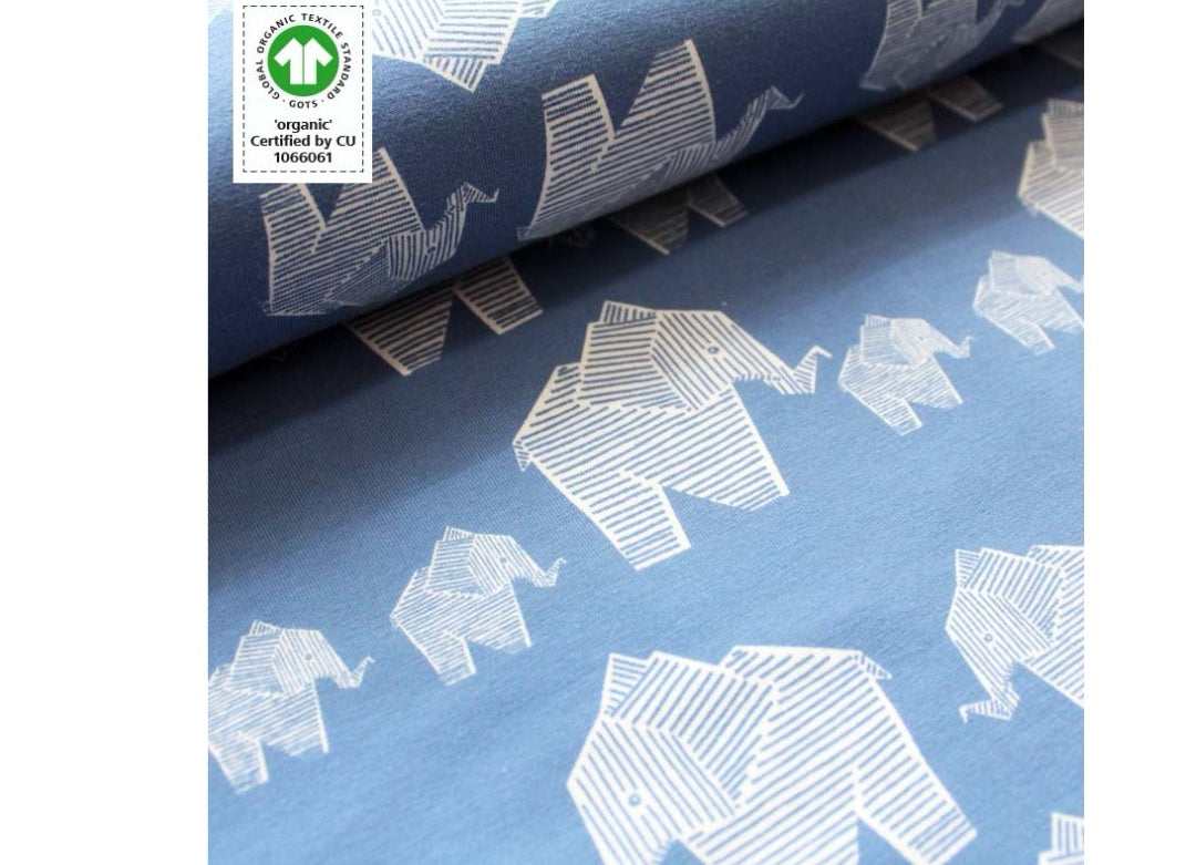Geometric elephants (blue) organic jersey fabric