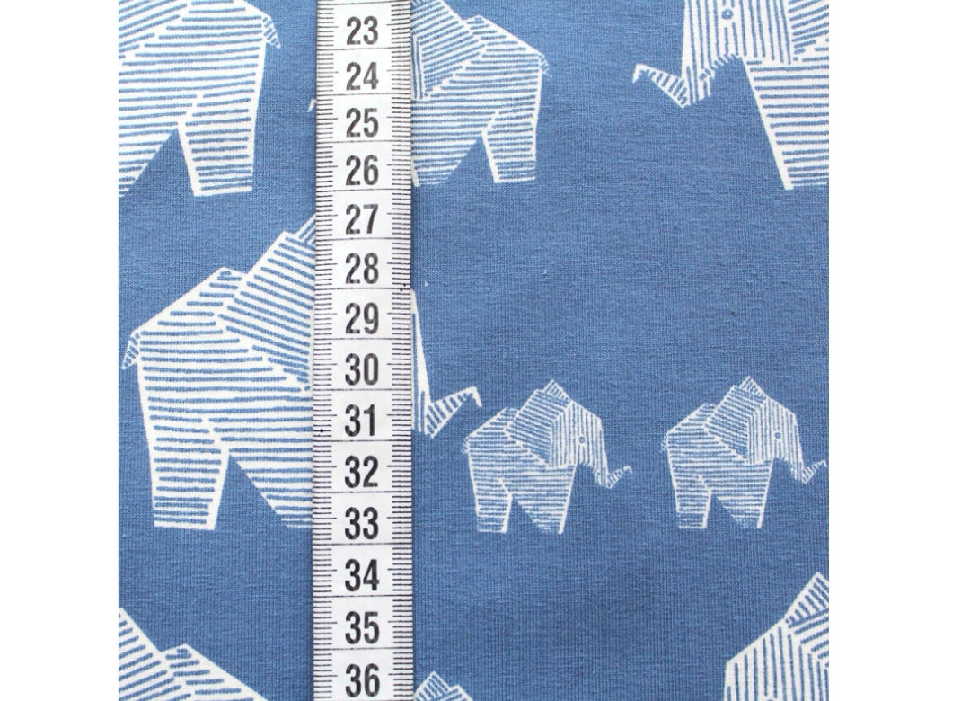 Geometric elephants (blue) organic jersey fabric
