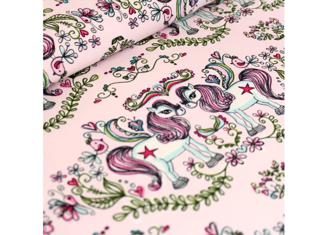 Pink ponies organic jersey fabric