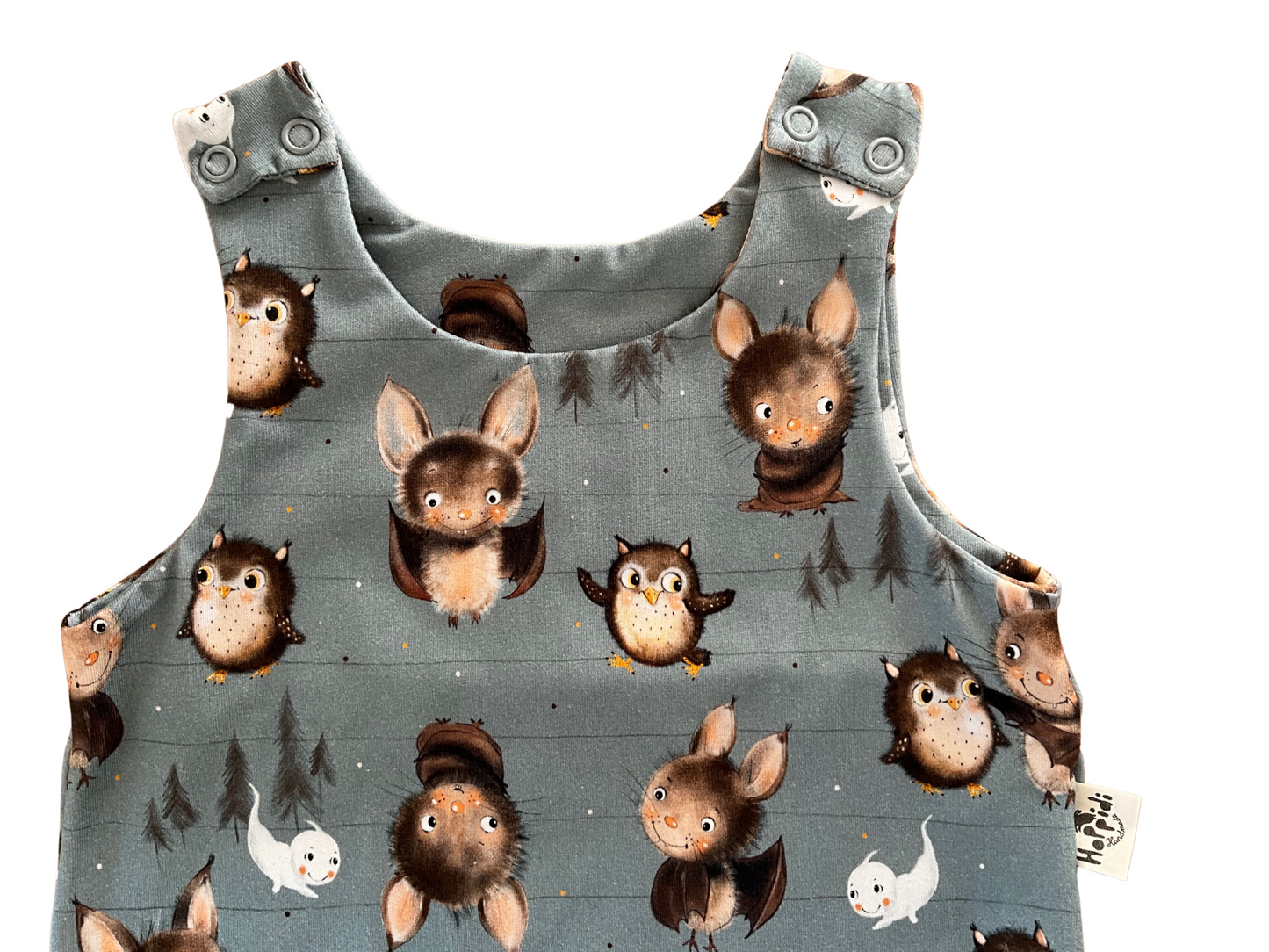 Size 18-24 months READY TO SHIP night owls and cutie bats harem romper
