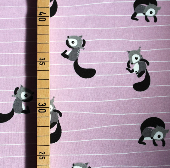 organic striped jersey fabric with cute squirrels motive on puple pink background