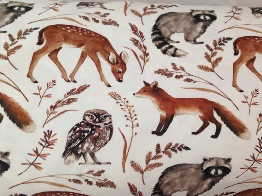 Woodland animals (deers, badgers, foxes and owls)and plants on white background jersey fabric