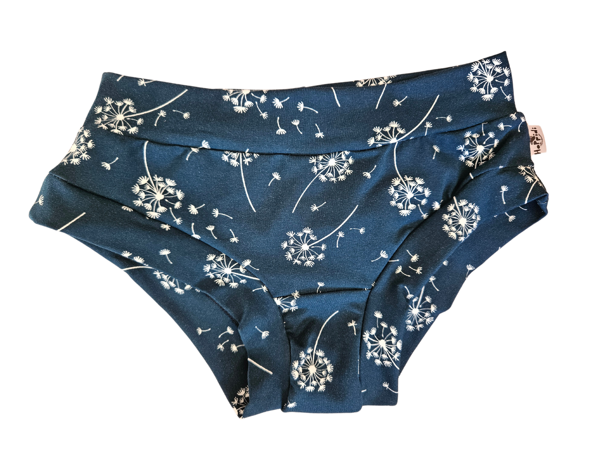 Ladies brief underwear with dandelions print on dark blue background 