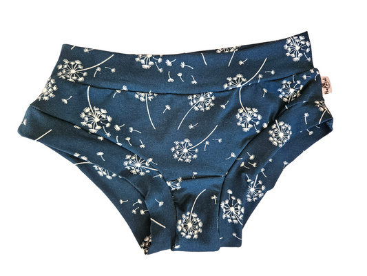Ladies brief underwear with dandelions print on dark blue background 