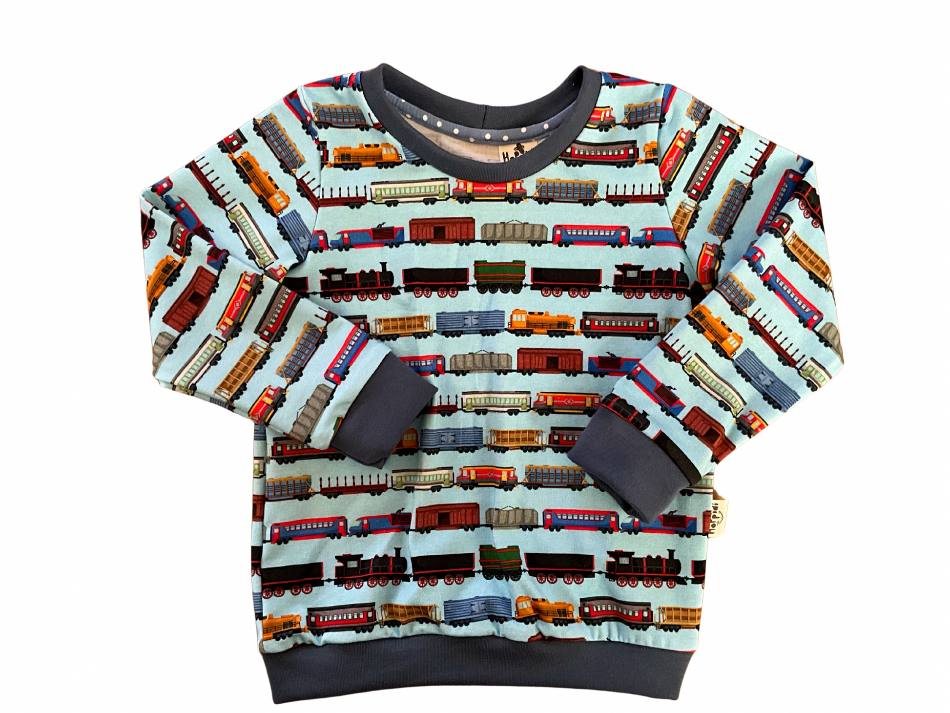 children's sweatshirt with train print on light blue background