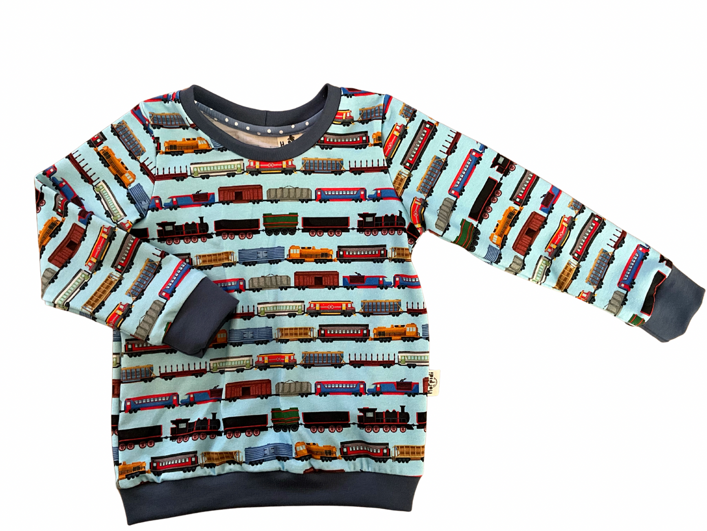 kids sweater with train themed print