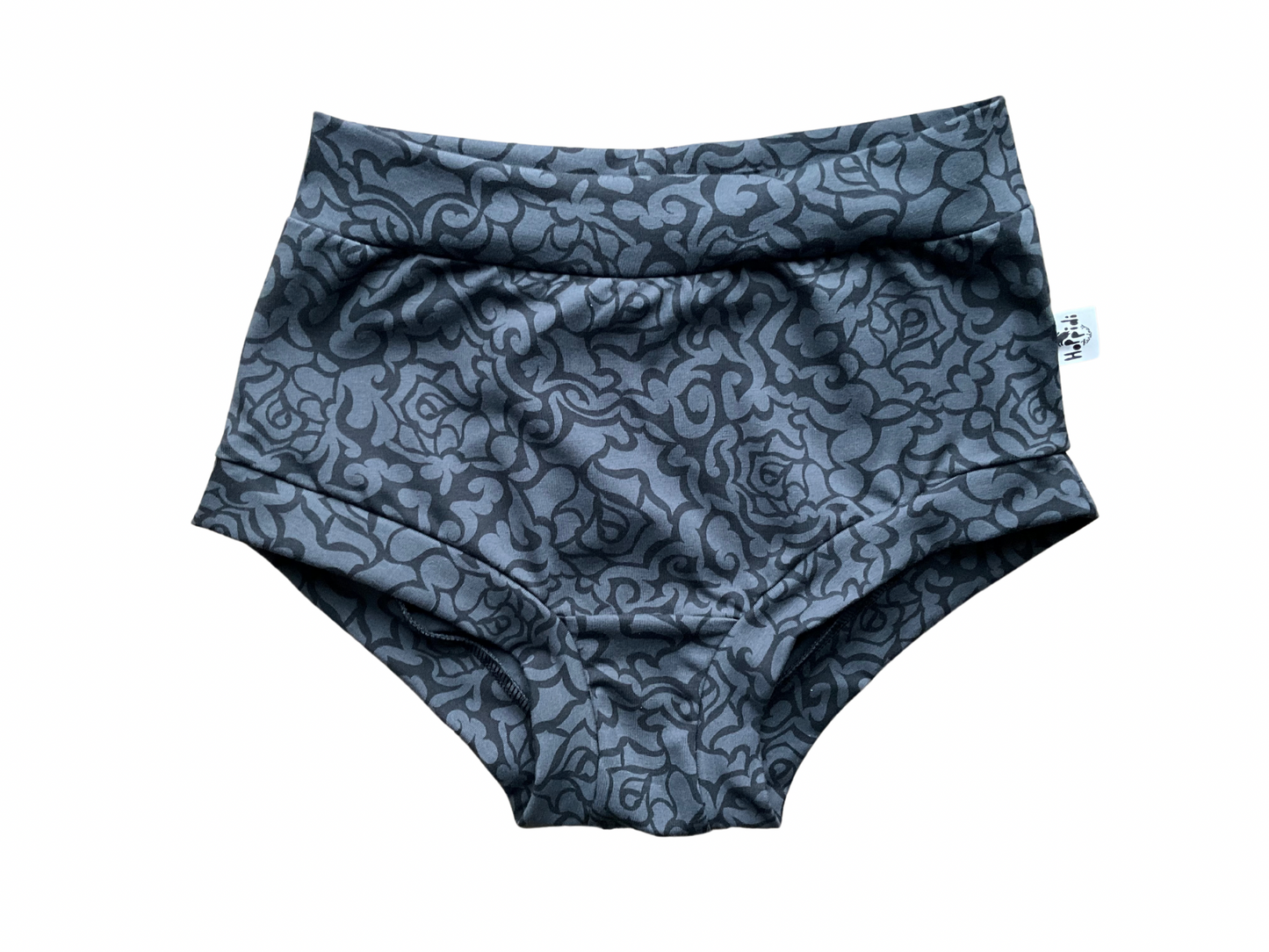 High waisted women’s brief style underwear with black roses drawn on anthracite background 