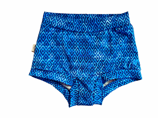 High waisted underwear with blue diamond shaped pattern 