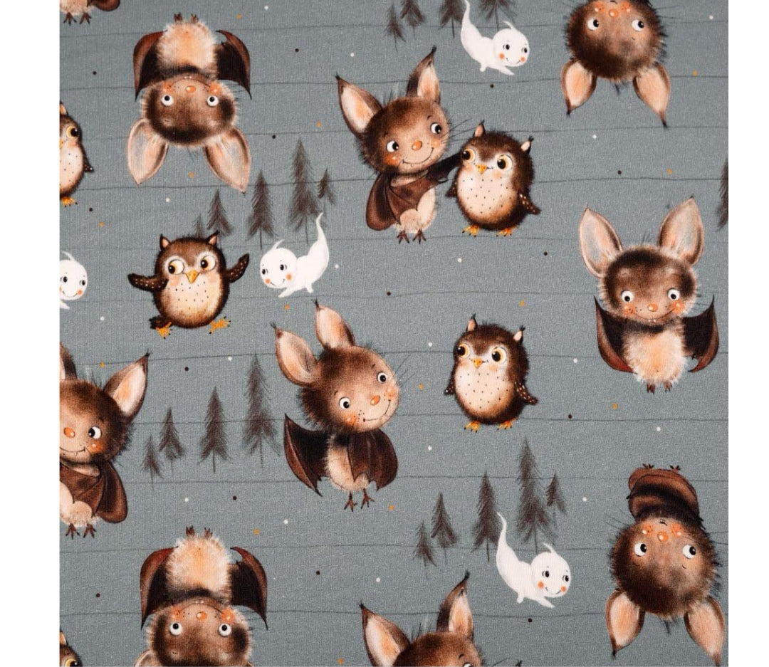 Cute bats, owls and ghosts on grey striped background