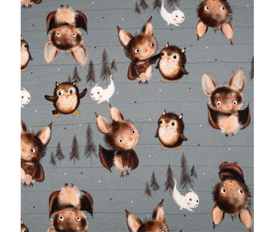 Cute bats, owls and ghosts on grey striped background