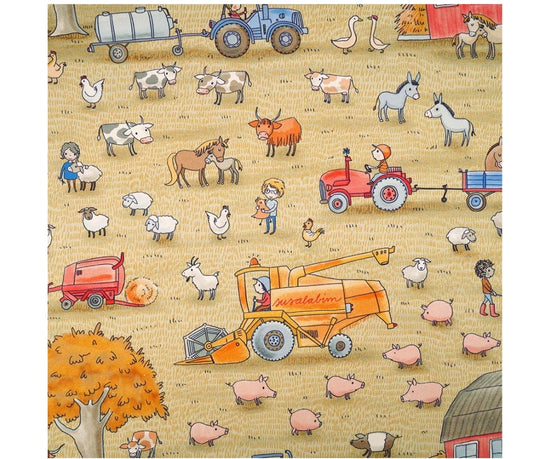 Beautiful farm theme with animals, farm equipment and farm workers on gold yellow background 