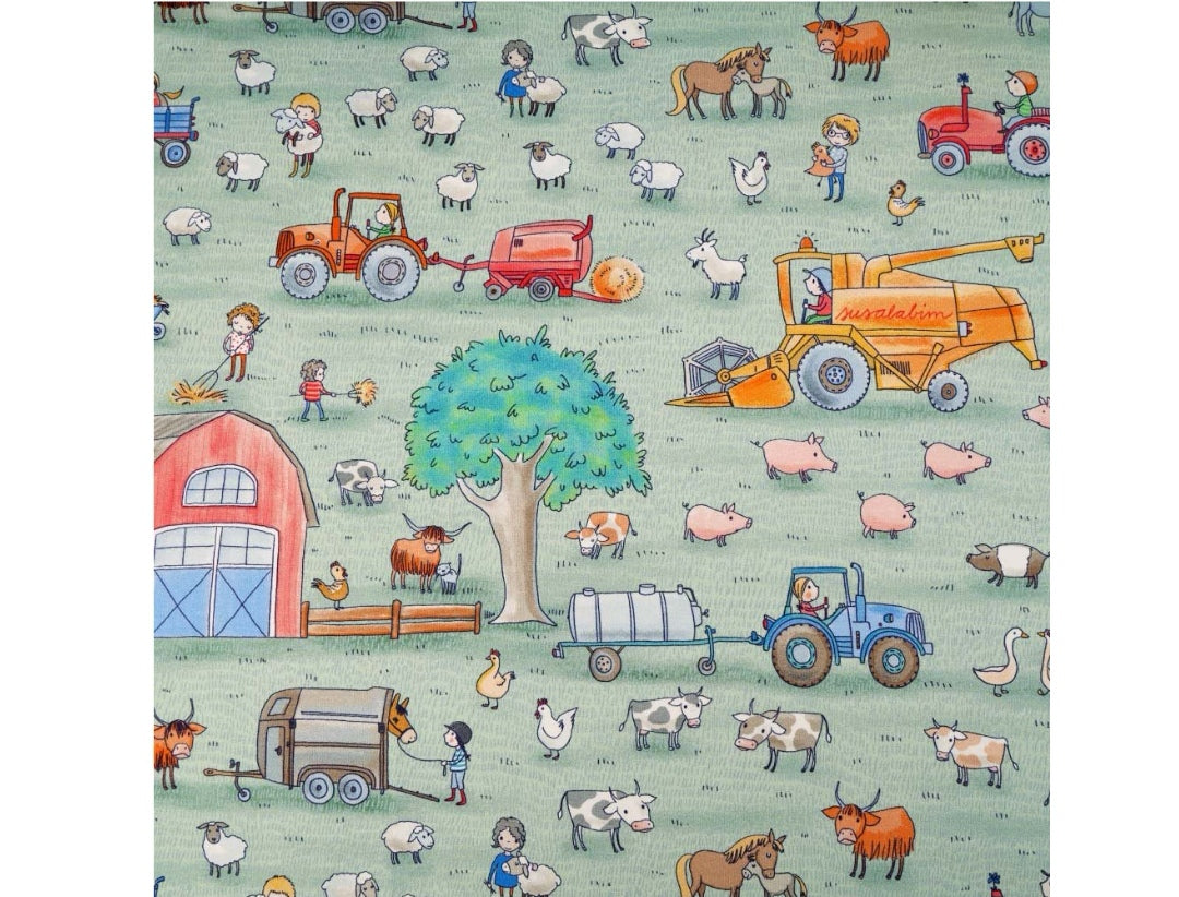 Fabric with farm scene on light green background. It shows pigs, cows, chicken, horses, geese and sheep, a red barn, farm equipment such as tractors and farm workers