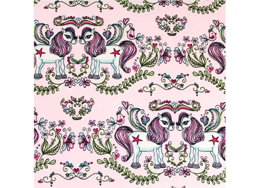 Whimsical pony print on soft pink background with floral and greens details 