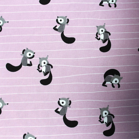 organic striped jersey fabric with cute squirrels motive on puple pink background