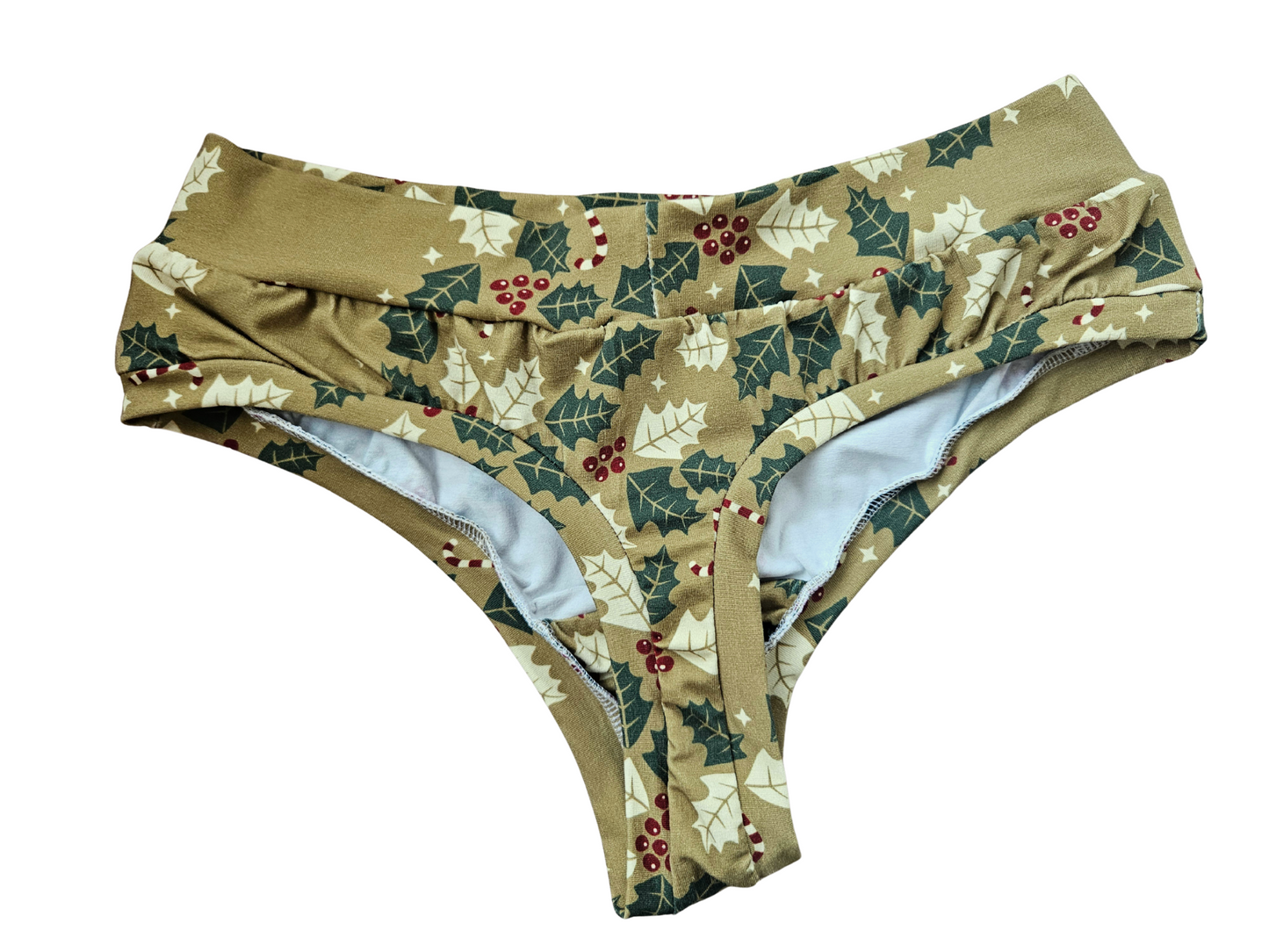 Holly leaves, red berries and candy canes organic thong