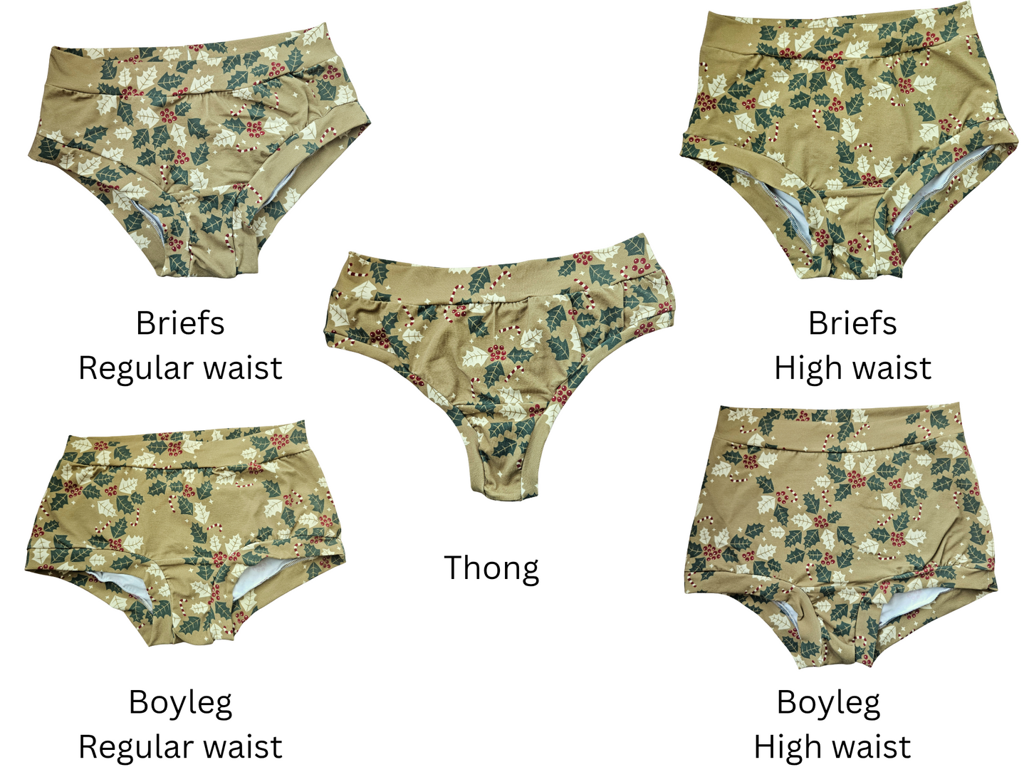 Holly leaves, red berries and candy canes high waisted organic women's boyleg or brief undies