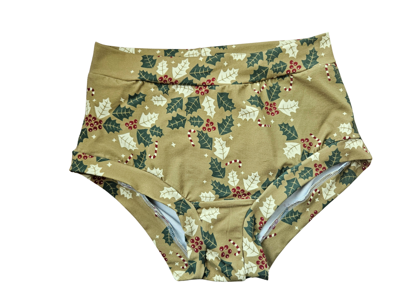 Holly leaves, red berries and candy canes high waisted organic women's boyleg or brief undies