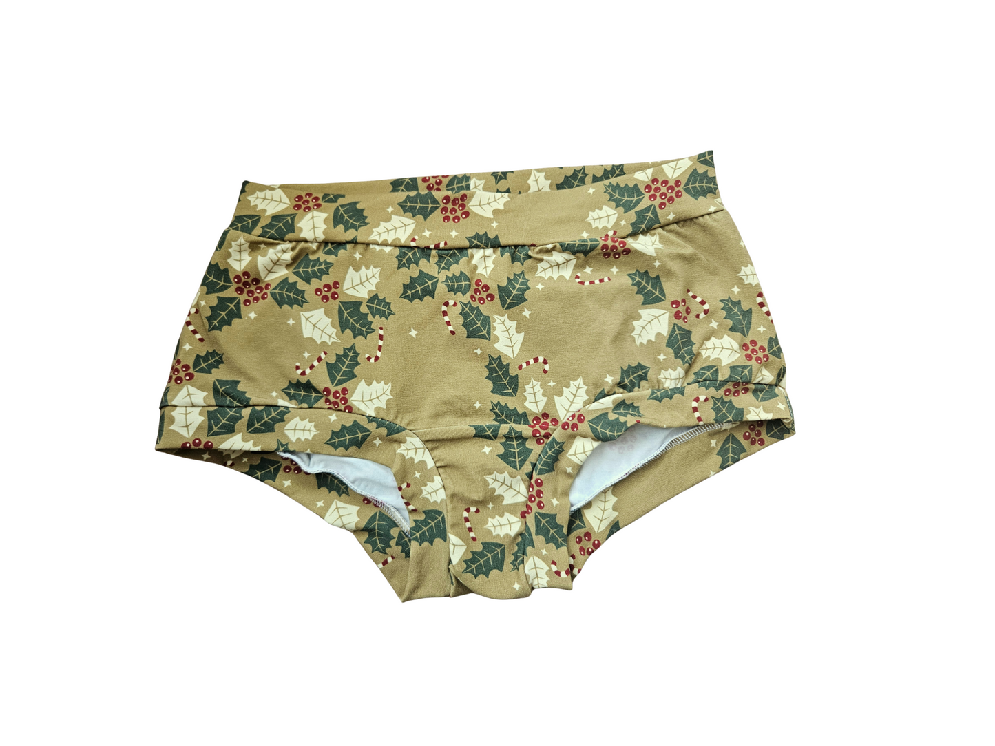 Holly leaves, red berries and candy canes organic women's boyleg or brief undies