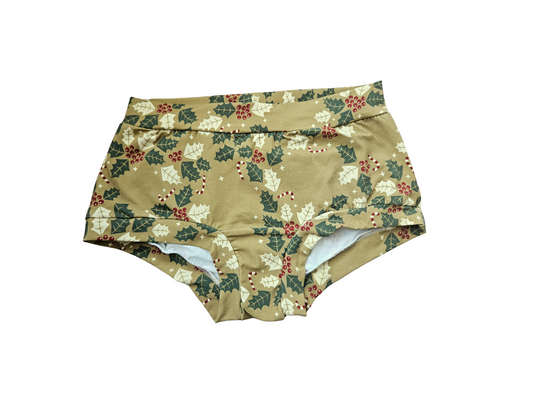 Holly leaves, red berries and candy canes organic women's boyleg or brief undies