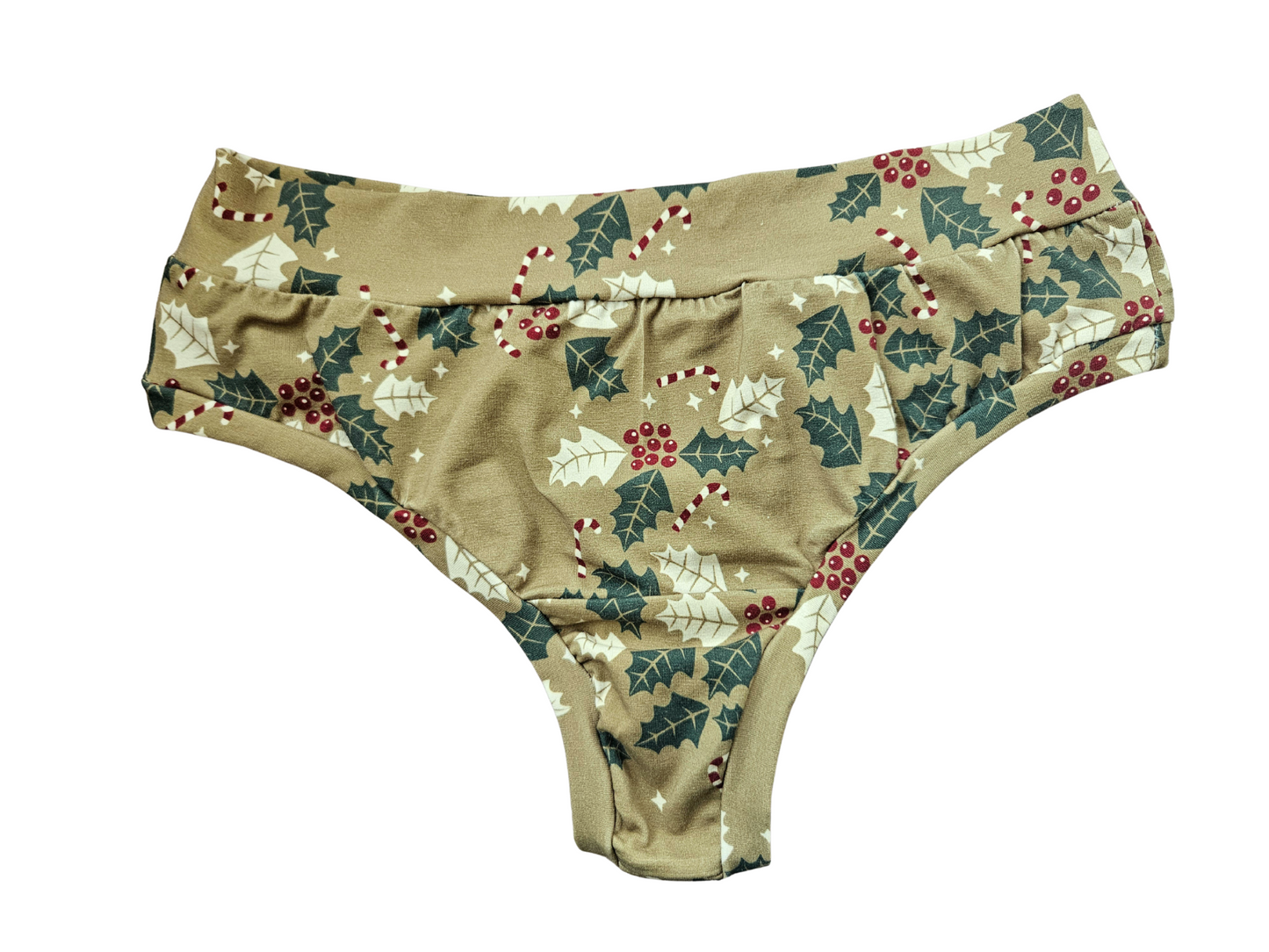 Holly leaves, red berries and candy canes organic thong