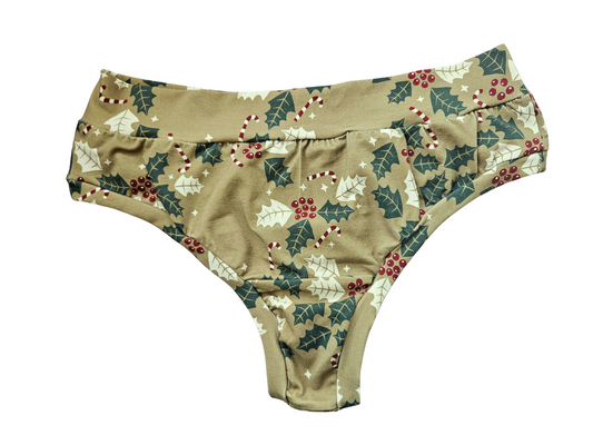 Holly leaves, red berries and candy canes organic thong