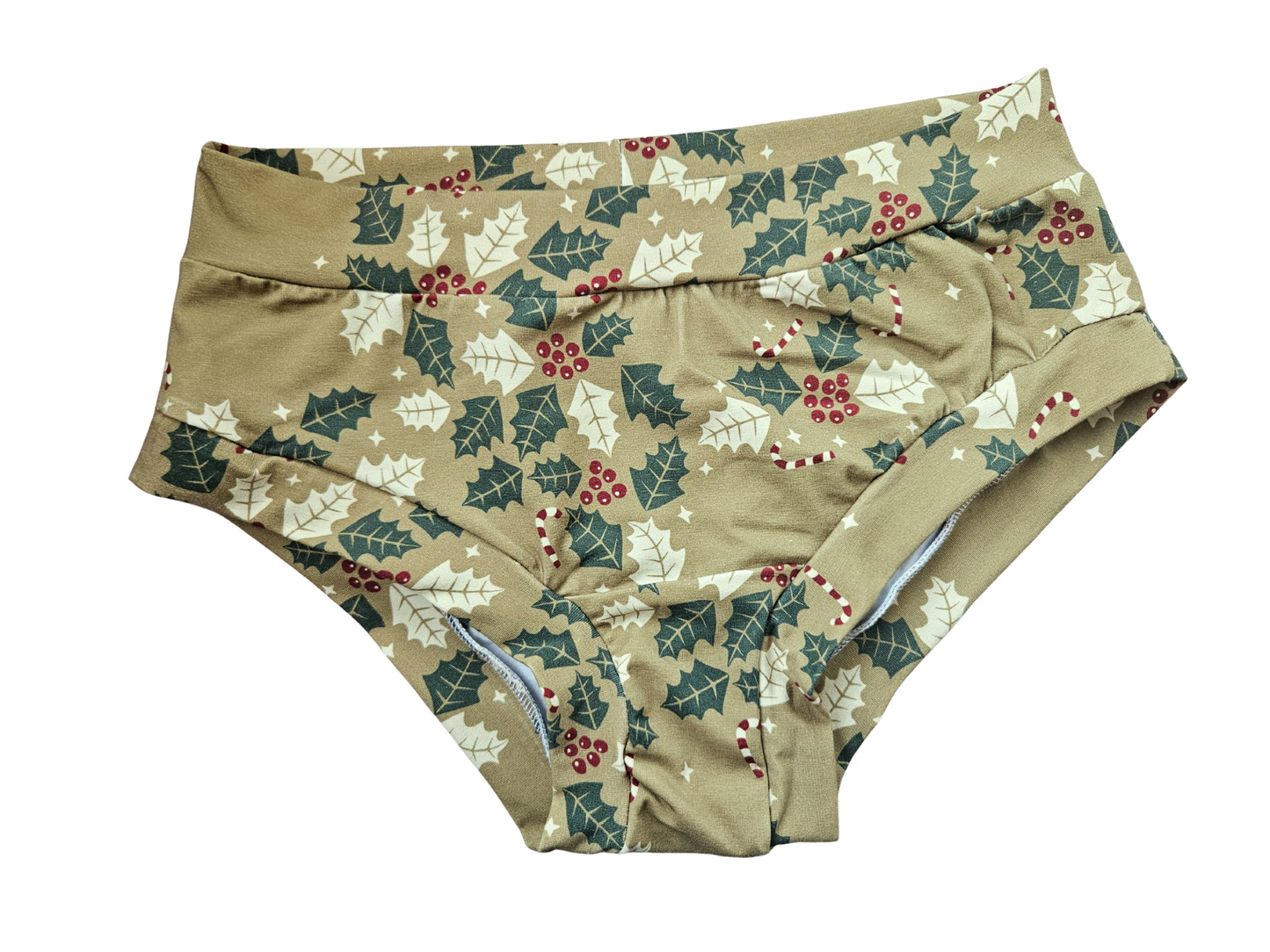 Holly leaves, red berries and candy canes organic women's boyleg or brief undies