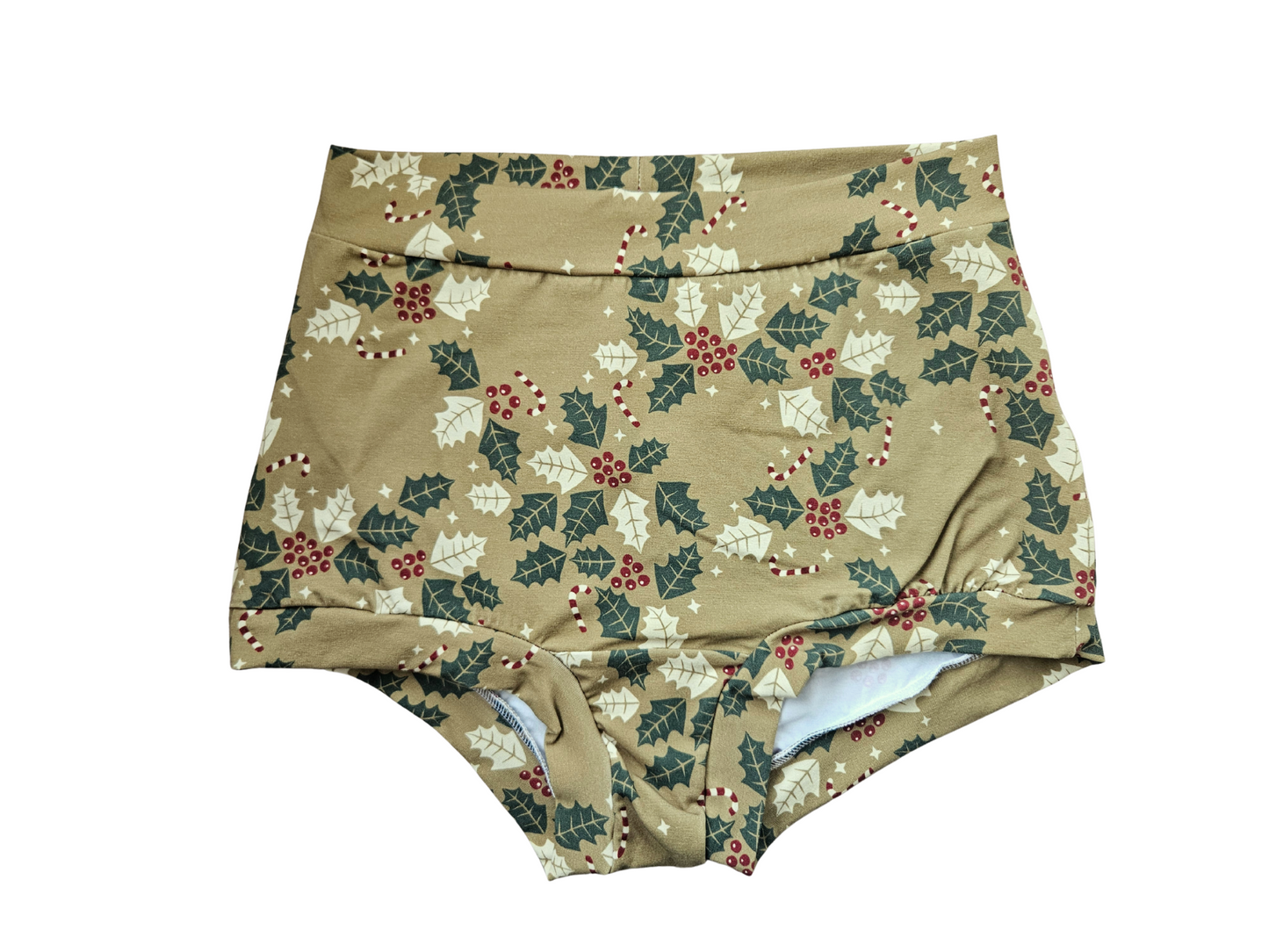 Holly leaves, red berries and candy canes high waisted organic women's boyleg or brief undies