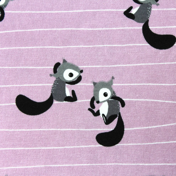 organic striped jersey fabric with cute squirrels motive on puple pink background