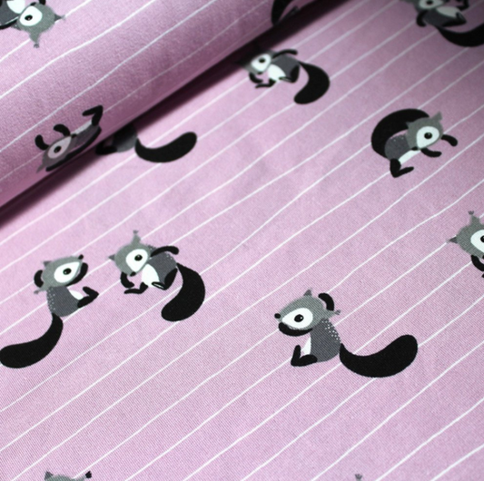 organic striped jersey fabric with cute squirrels motive on puple pink background