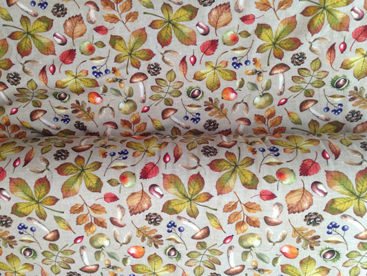 Organic jersey fabric with grey burlap cloth optic background and fall foliage pattern: Colorful leaves, mushrooms, rosehips, apples, chestnuts, blue berries, pine cones