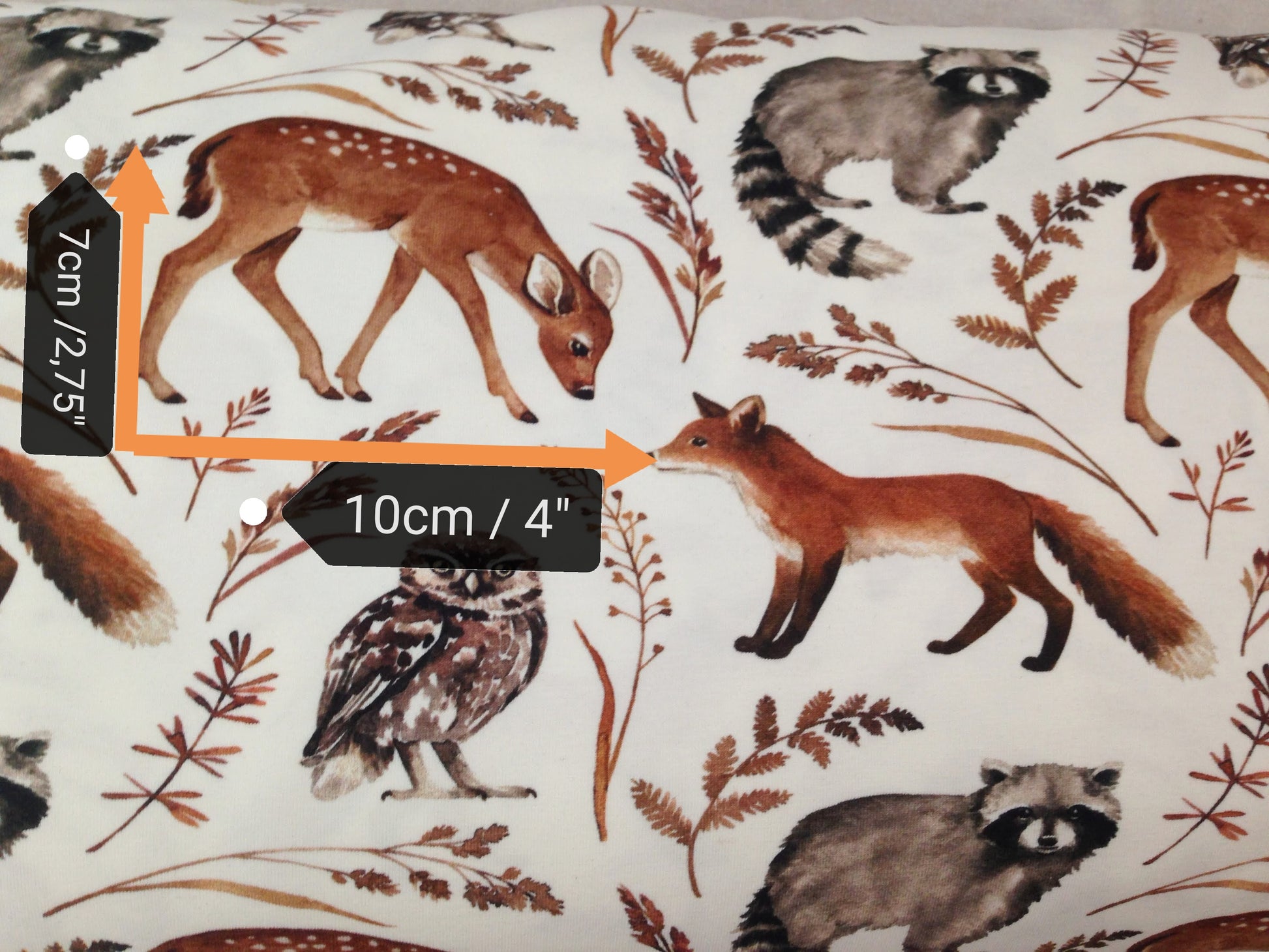 Woodland animals (deers, badgers, foxes and owls)and plants on white background jersey fabric