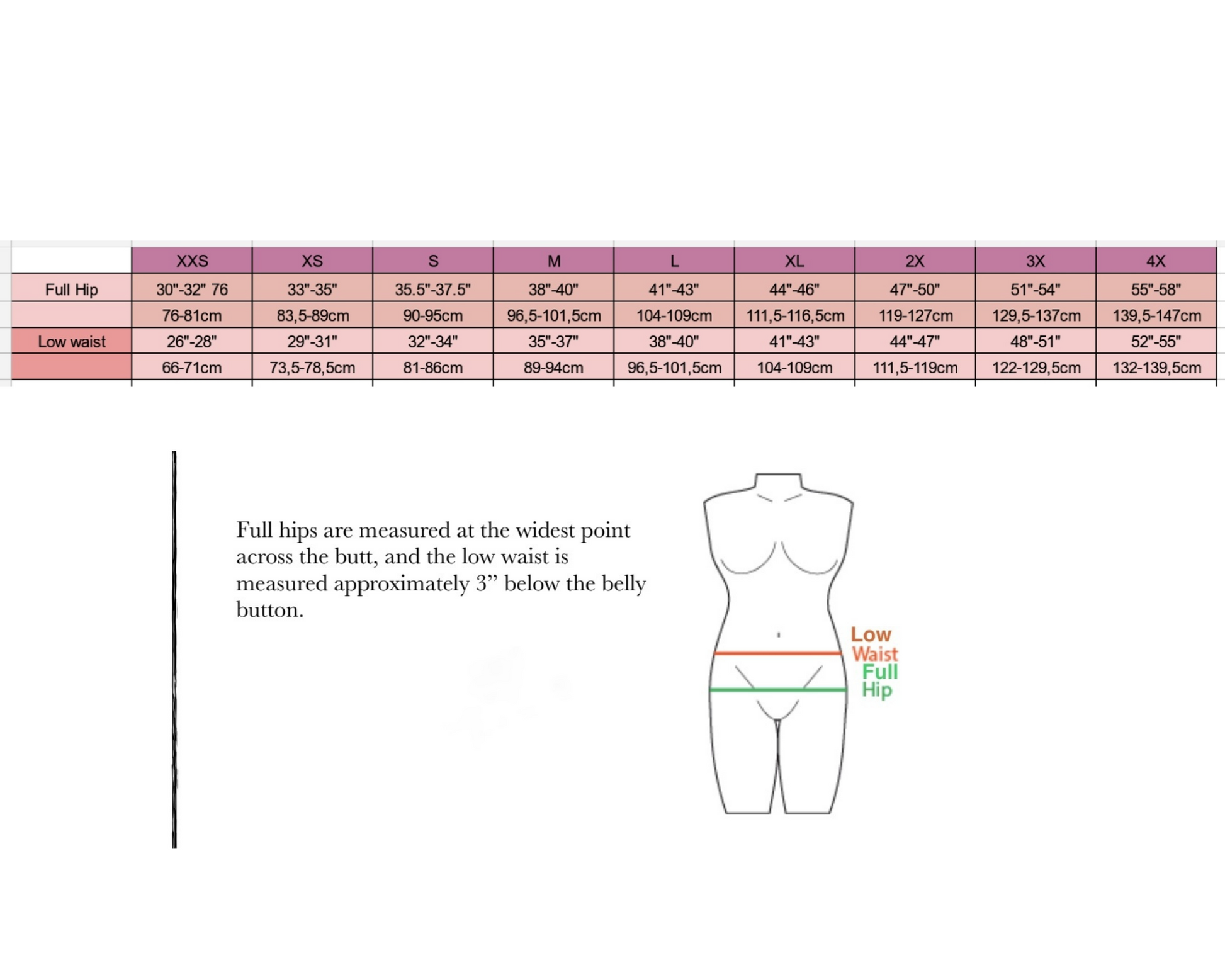Regular waist sizing table