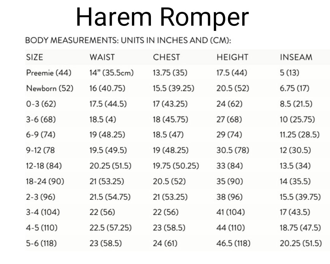 Harem romper size chart